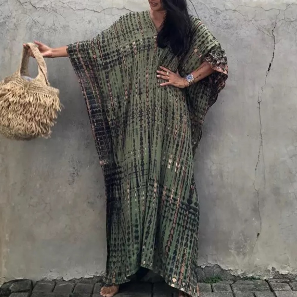 Olive Gray Boho Tie Dye Kaftan Kimono Dress - Picture 2 of 5